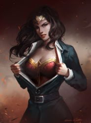 Rule 34 | 1girl, black hair, breasts, cleavage, dc comics, dress, embers, formal, highres, large breasts, long hair, looking at viewer, open clothes, open shirt, parted lips, qichao wang, shirt, solo, superhero costume, tiara, upper body, wonder woman, wonder woman (series)