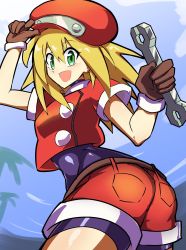 Rule 34 | 1girl, :d, ass, belt, bike shorts, blonde hair, bodysuit, bodysuit under clothes, cropped jacket, gloves, green eyes, hair between eyes, hat, highres, holding, jacket, long hair, looking back, mega man (series), mega man legends (series), one-hour drawing challenge, open mouth, red hat, red jacket, red shorts, roll caskett (mega man), shorts, smile, solo, synchroman, wrench