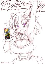 Rule 34 | 1girl, animal ears, aoi manabu, arm up, armpits, artist name, blush, breasts, bubble, can, cat ears, cleavage, cleavage cutout, clothing cutout, drink, hair ornament, hairclip, kaguya luna, large breasts, looking at viewer, obi, open mouth, partially colored, purple eyes, sash, shouting, sketch, smile, solo, speech bubble, sweat, text focus, the moon studio, twintails, twitter username, virtual youtuber, white background, x hair ornament