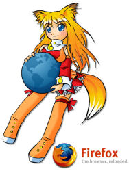 Rule 34 | 1girl, animal ears, bad anatomy, ball, bare shoulders, blonde hair, blue eyes, boots, breasts, detached sleeves, fox ears, fox tail, giant, giantess, holding, huge giantess, long hair, looking at viewer, medium breasts, mozilla firefox, os-tan, personification, poorly drawn, simple background, smile, solo, tail, thigh boots, thighhighs, zettai ryouiki
