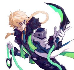 Rule 34 | 1boy, absurdres, artist request, blet, blonde hair, coat, collared shirt, glasses, gloves, highres, index finger raised, kusarigama, long-sleeves, long braid, long hair, looking at viewer, male focus, necktie, non-web source, official art, omega strikers, one eye closed, open clothes, open coat, pants, rasmus (omega strikers), shirt, sickle, solo, weapon, white gloves, yellow shirt
