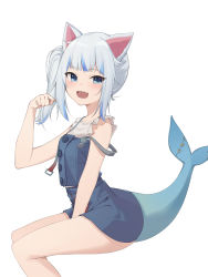 Rule 34 | 1girl, absurdres, animal ears, blue dress, blue eyes, cat ears, dress, fins, fish tail, from side, gawr gura, gawr gura (casual), highres, hololive, hololive english, looking at viewer, medium hair, miniskirt, official alternate costume, open mouth, paw pose, pinafore dress, shark tail, sharp teeth, side ponytail, sidelocks, silver hair, simple background, sitting, skirt, sleeveless, sleeveless dress, smile, solo, strap slip, tail, teeth, virtual youtuber, white background, ziro (zirorong)