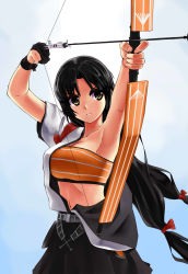 Rule 34 | 10s, 1girl, aircraft, airplane, black hair, bow, bow (weapon), breasts, drawing bow, hair bow, highres, holding, holding bow (weapon), holding weapon, japanese clothes, kantai collection, large breasts, long hair, mizuki (mizuki ame), personification, shouhou (kancolle), solo, very long hair, weapon, yellow eyes