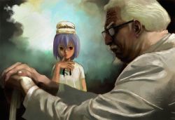 Rule 34 | 1boy, 1girl, beard, bisuke-tan, black-framed eyewear, blue hair, blurry, blurry background, can, colonel sanders, expressionless, facial hair, finger to mouth, food, food on head, from side, glasses, goatee, kfc, lips, long sleeves, looking at another, mustache, neck ribbon, object on head, aged up, profile, ribbon, short hair, short sleeves, cane, white hair