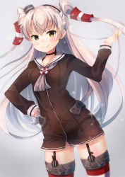 Rule 34 | 10s, 1girl, amatsukaze (kancolle), black panties, blush, breasts, brown dress, brown eyes, buttons, choker, dress, garter straps, gloves, hair tubes, hand on own hip, highres, kantai collection, lifebuoy, long hair, looking at viewer, panties, red thighhighs, sailor collar, sailor dress, short dress, silver hair, single glove, small breasts, smile, solo, sparkle, striped clothes, striped thighhighs, sunsuke, swim ring, thighhighs, two side up, underwear, white gloves