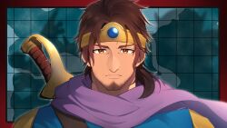 Rule 34 | 1boy, beard, belmond banderas, blue tunic, brown eyes, brown hair, choco (chocovix112), circlet, closed mouth, cosplay, cosplay request, dragon quest, facial hair, highres, male focus, map, nijisanji, portrait, purple scarf, scarf, shirt, solo, sword, thick eyebrows, v-shaped eyebrows, virtual youtuber, weapon, yellow shirt