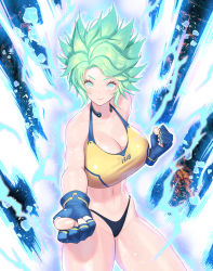 Rule 34 | 1girl, abs, alternate hairstyle, blue eyes, blush, breasts, cleavage, fingerless gloves, gloves, green hair, kagimiya mello, large breasts, last origin, looking at viewer, mighty r, smile, solo, spiked hair, sports bra, strong, toned