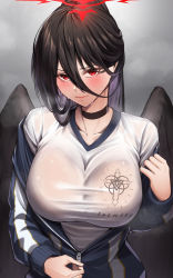 Rule 34 | 1girl, black choker, black hair, blue archive, blush, choker, closed mouth, frown, hair between eyes, halo, hasumi (blue archive), hasumi (track) (blue archive), highres, holding, jacket, long hair, long sleeves, looking at viewer, mole, mole under eye, official alternate costume, partially unzipped, red eyes, see-through, shirt, solo, text print, track jacket, unzipping, upper body, wet, white shirt, wings, yoshimoto (carpsukidayo), zipper pull tab