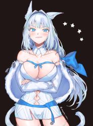 Rule 34 | 1girl, animal ear fluff, argyle, argyle clothes, argyle cutout, blue bow, blue eyes, blue ribbon, bow, capelet, cat girl, cat tail, clothing cutout, crossed arms, dobrynya nikitich (fate), fate/grand order, fate (series), fur-trimmed capelet, fur trim, highres, long hair, looking at viewer, low ponytail, marony chan, ribbon, smile, solo, tail, white capelet, white hair