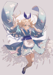 Rule 34 | 1girl, alice (alice in wonderland), alice in wonderland, apron, aqua eyes, arms up, blonde hair, blue dress, blue footwear, blue ribbon, blue sash, commentary request, dress, floating, frilled apron, frilled dress, frills, full body, grey background, hair ribbon, highres, long hair, long sleeves, looking at viewer, ribbon, sash, socks, solo, waist apron, wakuseiy, white apron, white socks, wide sleeves