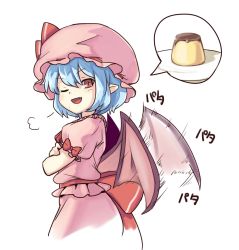 Rule 34 | 1girl, ascot, bat wings, blue hair, bow, crossed arms, dress, embodiment of scarlet devil, fang, flapping, food, frills, from behind, hat, hat ribbon, highres, looking at viewer, mirukuro092, mob cap, one eye closed, open mouth, pink dress, pudding, puffy short sleeves, puffy sleeves, red bow, red eyes, red ribbon, remilia scarlet, ribbon, ribbon trim, short hair, short sleeves, simple background, smile, smug, solo, touhou, vampire, white background, wings