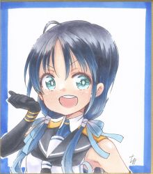 Rule 34 | 1girl, blue hair, elbow gloves, gloves, green eyes, highres, kantai collection, long hair, looking at viewer, low twintails, marker (medium), neckerchief, open mouth, ribbon, sailor collar, school uniform, serafuku, shirt, simple background, sleeveless, sleeveless shirt, smile, solo, suzukaze (kancolle), traditional media, twintails, upper body, yuuki chima