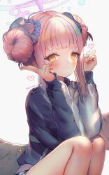 Rule 34 | 1girl, alternate costume, blue archive, blunt bangs, blush, breasts, double bun, double v, grey background, hair bun, halo, hanato (seonoaiko), highres, jacket, knee up, light smile, long sleeves, looking at viewer, medium breasts, mika (blue archive), pink hair, sidelocks, simple background, solo, track jacket, v, white wings, wings
