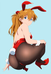 Rule 34 | 1girl, :/, animal ears, aqua background, ass, ass focus, bare shoulders, breasts, brown hair, cleavage, curvy, detached collar, fake animal ears, fake tail, full body, hair between eyes, hair ornament, highleg, highleg leotard, highres, huge ass, jaaaan, kneeling, leotard, long hair, looking at viewer, looking back, neon genesis evangelion, playboy bunny, rabbit ears, red leotard, shiny clothes, shiny skin, simple background, skin tight, skindentation, smile, solo, souryuu asuka langley, tail, thong leotard, two side up, very long hair, wide hips