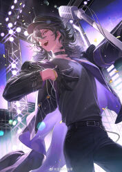 Rule 34 | 1boy, :d, armband, belt, belt chain, belt collar, black belt, black collar, black gloves, black hair, black hat, black jacket, black pants, collar, confetti, cowboy shot, ensemble stars!, facing to the side, fang, fur-trimmed jacket, fur trim, gloves, grey shirt, hair between eyes, half gloves, hand on own chest, hat, highres, jacket, kinsatsu (grizzled), lapels, lens flare, long sleeves, looking at viewer, male focus, medium hair, microphone, microphone stand, notched lapels, open clothes, open jacket, open mouth, pants, peaked cap, purple armband, purple jacket, red eyes, sakuma rei (ensemble stars!), screen, shirt, shirt tucked in, sideways glance, smile, solo, stage, stage lights, standing, t-shirt, tailcoat, truss, two-sided fabric, two-sided jacket, vintage microphone, wavy hair, weibo logo, weibo username