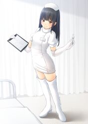 Rule 34 | 1girl, bed, black hair, boots, brown eyes, clipboard, commentary request, commission, curtains, digital thermometer, dress, elbow gloves, flat chest, full body, gloves, hat, highres, long hair, nurse, nurse cap, original, pixiv commission, shibacha, solo, standing, thermometer, thigh boots, white dress, white footwear, white gloves, white hat