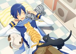 Rule 34 | 1boy, belt, black cat, blue hair, blue nails, blue scarf, blush, brown pants, cat, cat on person, coat, commentary, closed eyes, grey cat, kaito (vocaloid), light blush, lying, male focus, nail polish, nokuhashi, on back, open mouth, orange cat, pants, headpat, pillow, scarf, shelf, smile, speaker, tiles, vocaloid, white cat, white coat