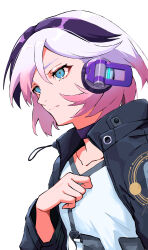 Rule 34 | 1girl, absurdres, black jacket, blue eyes, cevio, choker, ci flower, closed mouth, flower (vocaloid), from side, gradient hair, grey hair, grey jacket, hair between eyes, hand up, headphones, highres, jacket, light frown, long sleeves, looking ahead, mujikuro, multicolored hair, open clothes, open jacket, pink hair, purple choker, purple hair, short hair, solo, stippling (texture), streaked hair, techwear, upper body, vocaloid, white background