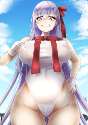 Rule 34 | 1girl, bb (fate), bb (fate) (all), bb (swimsuit mooncancer) (fate), bb (swimsuit mooncancer) (third ascension) (fate), bow, bowtie, breasts, fate/grand order, fate (series), giant, giantess, gloves, gluteal fold, hand on own hip, highres, ibara azuki, large breasts, leotard, long hair, looking at another, outdoors, palm tree, purple eyes, purple hair, size difference, solo focus, tree, under another&#039;s clothes, very long hair, white gloves, white leotard