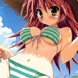 Rule 34 | 1girl, bikini, blue sky, blush, breasts, cleavage, front-tie bikini top, front-tie top, large breasts, looking at viewer, red hair, side-tie bikini bottom, side-tie bottom, sky, solo, striped bikini, striped clothes, swimsuit, yellow eyes