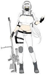 Rule 34 | 1girl, anti-materiel rifle, bikini, bikini bottom only, black gloves, boots, breasts, commentary request, crop top, fingerless gloves, gloves, gun, hair between eyes, halcon, headband, headset, highres, holding, holding gun, holding weapon, holster, jacket, knee pads, large breasts, long hair, looking at viewer, mask, midriff, navel, original, pants, partially fingerless gloves, rifle, shirt, sidelocks, sniper rifle, solo, standing, swimsuit, thigh holster, thigh strap, weapon, white jacket, white pants, white shirt, yellow eyes