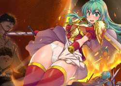 Rule 34 | 1girl, 3boys, armor, blood, blue eyes, blue hair, clothes lift, eirika (fire emblem), embarrassed, ephraim (fire emblem), fire emblem, fire emblem: the sacred stones, holding, holding sword, holding weapon, kumacchi, long hair, multiple boys, nintendo, open mouth, panties, pantyshot, reverse ryona, shaded face, shoulder armor, skirt, sword, thighhighs, thighs, underwear, weapon
