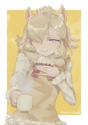 Rule 34 | 1girl, absurdres, alpaca ears, alpaca suri (kemono friends), animal ears, blonde hair, blue eyes, border, bow, bowtie, bright pupils, brown vest, closed mouth, cup, fingernails, fur-trimmed shirt, fur-trimmed vest, fur trim, grey shirt, hair ornament, hair over one eye, hairclip, hand on own chest, highres, holding, holding cup, incoming drink, kemono friends, long fingernails, looking at viewer, medium hair, merri mack, multicolored eyes, nail polish, pink eyes, red bow, red bowtie, religious offering, shirt, simple background, smile, solo, steam, teacup, twitter username, upper body, vest, white border, white nails, white pupils, yellow background