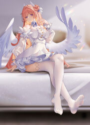 Rule 34 | 1girl, absurdres, angel wings, breasts, chinese commentary, collar, crossed legs, detached collar, detached sleeves, dorothy (nikke), dress, evil smile, frilled collar, frilled dress, frilled sleeves, frills, full body, goddess of victory: nikke, grin, hair bun, hair intakes, highres, large breasts, lens flare, long hair, looking at viewer, no shoes, on bed, parted lips, pink hair, purple eyes, rainbow, see-through, see-through sleeves, shitsurakuen (paradise lost), single side bun, sitting, smile, solo, thighhighs, toes, very long hair, white dress, white thighhighs, wing hair ornament, wings