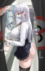 Rule 34 | 1boy, 1girl, ass, black thighhighs, book, breasts, bulge, clothes lift, curtains, erection, erection under clothes, from side, futanari, hair ornament, hairclip, highres, holding, holding book, indoors, iro (boo iro), large breasts, long hair, long sleeves, manga (object), mask, microskirt, mouth mask, original, pleated skirt, precum, public indecency, reading, school uniform, sex shop, shirt, shop, skirt, skirt lift, solo focus, standing, surgical mask, thighhighs, thighs, white hair, white shirt, yellow eyes