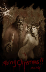Rule 34 | 1boy, 1girl, absurdres, antlers, artist name, bdsm, beard, blood, blood splatter, bondage, bound, bound wrists, breasts, clenched teeth, collar, drill hair, facial hair, hat, highres, horns, knife, long hair, merry christmas, nipples, nude, santa hat, teeth, wince, xiaoguimist