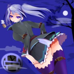 Rule 34 | 1girl, amano taiki, ass, breasts, female focus, from behind, highres, large breasts, looking back, miniskirt, night, original, outdoors, smoking pipe, purple eyes, silver hair, skirt, smoking, solo, standing, thighhighs, thighs, twintails, wizko