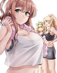 Rule 34 | 3girls, absurdres, alternate hairstyle, bike shorts, black shorts, blonde hair, blue eyes, blush, breasts, brown hair, cleavage, closed mouth, collarbone, commentary request, dolphin shorts, closed eyes, gambier bay (kancolle), hair between eyes, headband, highres, iowa (kancolle), kantai collection, kiritto, large breasts, long hair, looking at viewer, midriff, multiple girls, open mouth, pink towel, ponytail, saratoga (kancolle), shorts, side ponytail, simple background, smile, sweat, tank top, towel, towel around neck, white background, white tank top