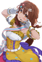 Rule 34 | 1girl, absurdres, animal ears, bad id, bad pixiv id, bare shoulders, bone hair ornament, breasts, brown eyes, brown hair, cartoon bone, dog ears, dog girl, dog tail, dress, frilled dress, frills, gloves, hair between eyes, hair ornament, hands up, headset, heart, heart hair ornament, highres, hololive, icehotmilktea, inugami korone, inugami korone (saikyo tensai wonderful world of korone), long hair, looking at viewer, low twintails, official alternate costume, parted lips, simple background, small breasts, solo, star (symbol), star hair ornament, tail, twintails, virtual youtuber, white background, white gloves, yellow dress