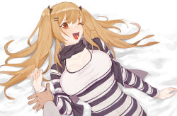 Rule 34 | 1boy, 1girl, absurdres, alternate costume, bed sheet, beijuu, blush, breasts, brown eyes, brown hair, collarbone, girls&#039; frontline, highres, large breasts, long hair, long sleeves, looking at viewer, lying, official alternate costume, on back, one eye closed, open mouth, pov, pov hands, scar, scar across eye, scar on face, scarf, solo focus, teeth, twintails, ump9 (&quot;am i late?&quot;) (girls&#039; frontline), ump9 (girls&#039; frontline)