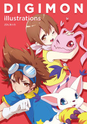 Rule 34 | 1boy, 1girl, blush, brother and sister, brown eyes, brown hair, closed mouth, commentary request, digimon, digimon (creature), digimon adventure, gloves, goggles, koromon, looking at viewer, one eye closed, open mouth, shirt, short hair, shorts, siblings, simple background, smile, tailmon, yagami hikari, yagami taichi, zdl xiaobai