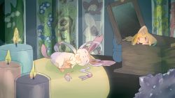 Rule 34 | black sclera, blush, candle, closed mouth, colored sclera, creatures (company), curtains, closed eyes, fire, floral print, full body, game freak, gen 3 pokemon, gen 6 pokemon, happy, highres, in container, indoors, jirachi, legendary pokemon, looking at another, lying, music box, mythical pokemon, nintendo, on side, open mouth, piper for indroid, pokemon, pokemon (creature), sleeping, smile, split mouth, sylveon, upper body, white eyes, wooden box