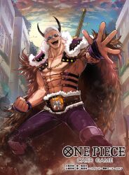 Rule 34 | abs, arm tattoo, belt, cape, clenched hand, commentary request, copyright name, fur cape, goggles, horns, leather, leather pants, male focus, moreshan, multiple boys, official art, one piece, one piece card game, open mouth, pants, sheepshead, short hair, smile, sunset, tattoo, white hair