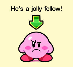 Rule 34 | artsy-rc, closed mouth, english text, frown, kirby, kirby (series), looking at viewer, nintendo, no humans, parody, raised eyebrow, simple background, solo, uneven eyes, yellow background