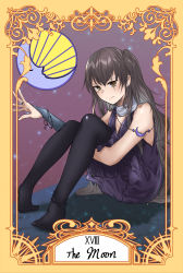 Rule 34 | 1girl, absurdres, black pantyhose, brown eyes, brown hair, dress, earrings, english text, girls&#039; frontline, hair ornament, highres, huge filesize, jewelry, long hair, looking at viewer, moon, night, night sky, no shoes, official alternate costume, pantyhose, purple dress, ring, roman numeral, scar, scar across eye, scar on face, scarf, simple background, sitting, sitting on lap, sitting on person, sky, solo, stigmamyu, tarot, tarot (medium), the moon (tarot), ump45 (diamond flower) (girls&#039; frontline), ump45 (girls&#039; frontline)