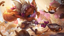 Rule 34 | 4girls, :d, absurdres, animal, blonde hair, book, bow, cafe cuties lulu, cat, colored skin, dress, drill hair, drill sidelocks, green eyes, grin, hair bow, headdress, highres, holding, holding staff, league of legends, long hair, lulu (league of legends), multiple girls, official alternate costume, official art, open mouth, oversized object, pantyhose, pink bow, pink hair, pink skin, purple skin, sidelocks, smile, solo focus, spoon, staff, striped clothes, striped pantyhose, table, teeth, white dress