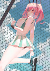 Rule 34 | 1girl, adjusting footwear, against fence, azur lane, bare shoulders, bow, breast press, breasts, bremerton (azur lane), bremerton (scorching-hot training) (azur lane), chain-link fence, commentary request, crop top, crop top overhang, day, fence, grey hair, hair between eyes, hair bow, hair ornament, hairclip, highres, large breasts, long hair, looking at viewer, looking back, mole, mole under mouth, multicolored hair, pink hair, ru zhai, shirt, sky, sleeveless, sleeveless shirt, sportswear, standing, standing on one leg, streaked hair, tennis uniform, tongue, tongue out, twintails, two-tone hair, two-tone shirt, two-tone skirt, x hair ornament