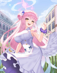 Rule 34 | 1girl, absurdres, bare arms, bare shoulders, blue archive, blush, breasts, commentary request, dress, hair bun, hair ornament, halo, hand up, highres, large breasts, long hair, looking at viewer, low wings, mika (blue archive), morung, open mouth, outdoors, pink hair, scrunchie, single hair bun, smile, solo, white dress, wings, wrist scrunchie, yellow eyes