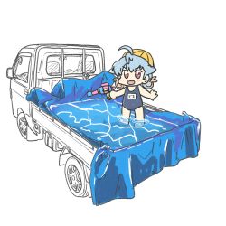 Rule 34 | 1girl, alternate costume, alternate hairstyle, blonde hair, blue hair, blue one-piece swimsuit, commentary request, ferretsan7, gradient hair, kantai collection, motor vehicle, multicolored hair, name tag, on vehicle, one-piece swimsuit, pickup truck, red eyes, sado (kancolle), school swimsuit, simple background, soaking feet, solo, standing, swim cap, swimsuit, tarpaulin, truck, wading, water, water gun, white background, yellow headwear