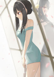 Rule 34 | 1girl, absurdres, bare shoulders, black dress, black hair, blood, blood in hair, blood on face, blue dress, breasts, closed mouth, commentary request, different reflection, dress, hairband, harurunoe, highres, large breasts, long hair, multiple views, off-shoulder dress, off shoulder, petals, pink hairband, red eyes, reflection, signature, smile, spy x family, standing, yor briar