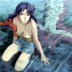Rule 34 | 1girl, angel (evangelion), ankle boots, arm support, bare shoulders, blue hair, boots, breasts, cleaned, cleavage, cross, crucifixion, cutoffs, denim, denim skirt, downblouse, from above, greek cross, highres, hiramatsu tadashi, jacket, jewelry, katsuragi misato, kneeling, lance of longinus (evangelion), lilith (evangelion), long hair, looking at viewer, medium breasts, miniskirt, necklace, neon genesis evangelion, no bra, off shoulder, official art, open mouth, outdoors, parted bangs, partially submerged, platform footwear, platform heels, purple eyes, purple hair, reflection, seiza, sidelocks, sitting, skirt, solo, spread legs, strap slip, tank top, torn clothes, water, weapon