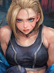 Rule 34 | 1girl, bare shoulders, black choker, blonde hair, blue eyes, cammy white, choker, highres, looking at viewer, miche, parted lips, scar, scar on face, skindentation, solo, street fighter, street fighter 6