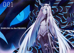 Rule 34 | 1girl, absurdres, bare hips, black pants, blue eyes, blunt bangs, breasts, character name, cleavage, colored skin, copyright name, darling in the franxx, facial mark, floating hair, grey skin, highres, horns, long hair, looking at viewer, pants, silver hair, single horn, small breasts, solo, spoilers, standing, underboob, very long hair, xo (xo17800108)