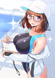 Rule 34 | 1girl, bare shoulders, baseball cap, blue eyes, blush, breast rest, breasts, brown hair, clipboard, competition swimsuit, glasses, hat, highres, jacket, large breasts, long sleeves, looking at viewer, nanahime, off shoulder, one-piece swimsuit, open clothes, open jacket, original, pen, skindentation, solo, swimsuit, white hat, white jacket