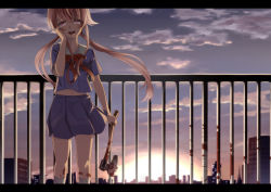 Rule 34 | 1girl, axe, backlighting, blood, blood stain, blue skirt, bow, cityscape, cloud, gasai yuno, hand on own face, hatchet, hatchet (axe), letterboxed, long hair, looking at viewer, miniskirt, mirai nikki, navel, open mouth, pink eyes, pink hair, pleated skirt, railing, rooftop, school uniform, skirt, sky, socks, solo, sun, sunset, twintails, u jie, weapon, white socks, yandere