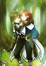Rule 34 | 10s, 1boy, 1girl, blue eyes, boots, brown hair, carrying, gloves, green eyes, hair tubes, highres, jowell she, open mouth, pants, parted lips, red hair, rose (tales), short hair, smile, sorey (tales), tales of (series), tales of zestiria